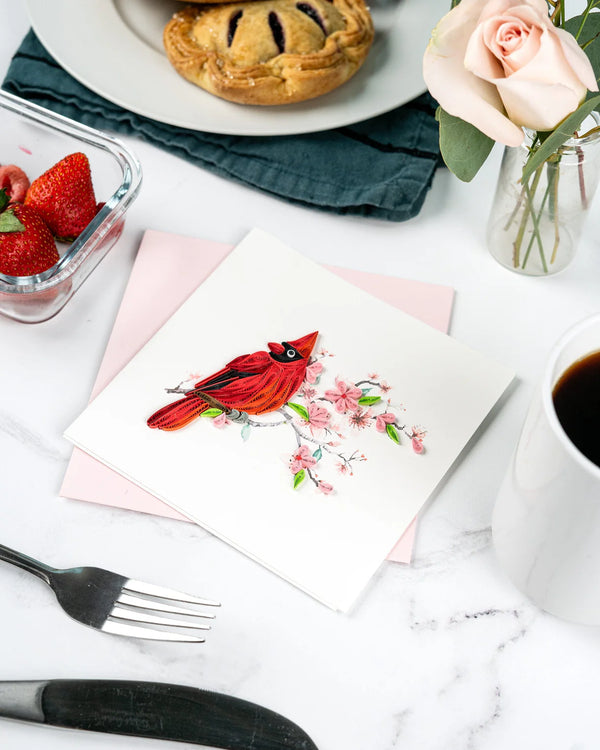 Quilled Cardinal & Cherry Blossom Greeting Card