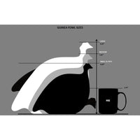 Diagram showing the size comparison of guinea fowl with a mug on a gray background