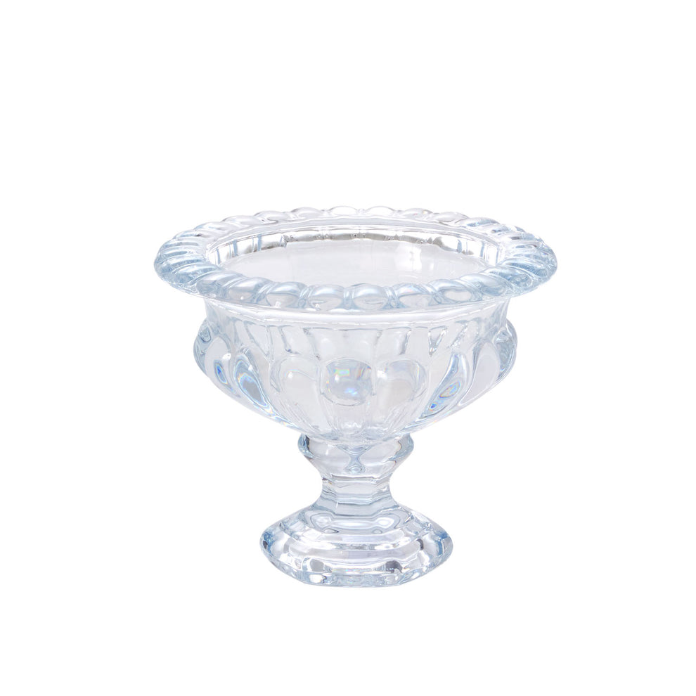 A clear glass pedestal bowl with a scalloped rim and embossed floral pattern, shown on a plain white background.