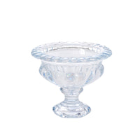 A clear glass pedestal bowl with a scalloped rim and embossed floral pattern, shown on a plain white background.