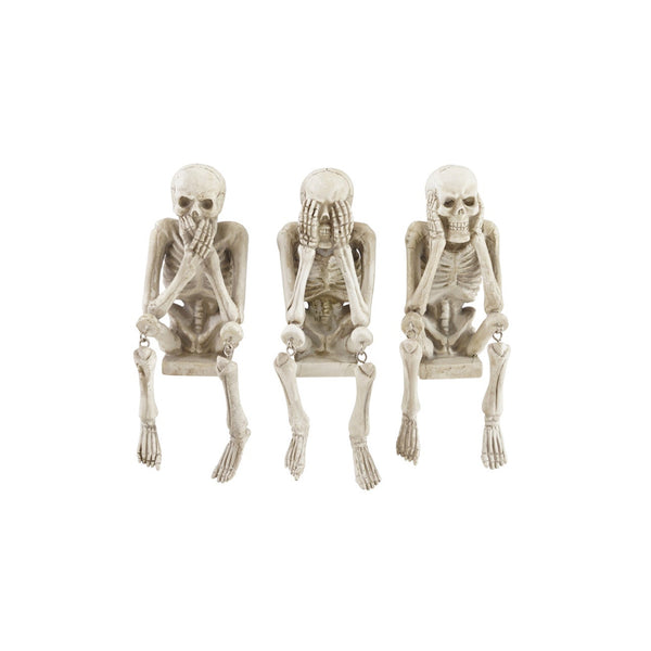 Three decorative skeleton shelf sitters doing the 'speak, see, hear no evil' poses on a white background.