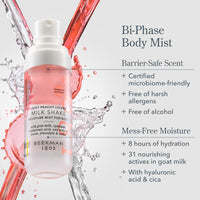 Bottle of Beekman 1802 Body Mist with water droplets and product details on a light gray background