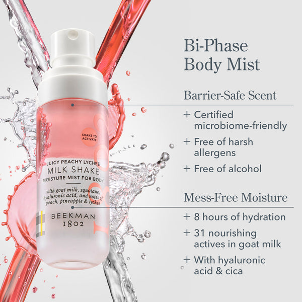 Bottle of Beekman 1802 Body Mist with water droplets and product details on a light gray background