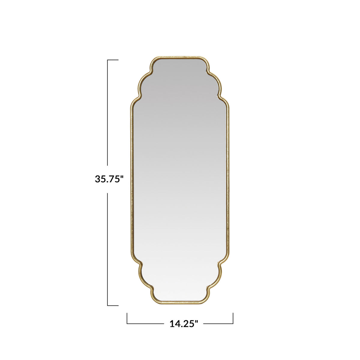 Decorative wall mirror with gold frame and dimensions on a white background