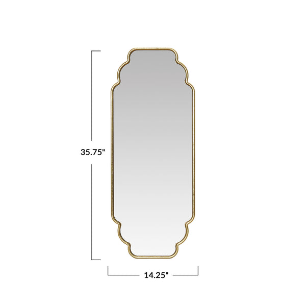 Decorative wall mirror with gold frame and dimensions on a white background
