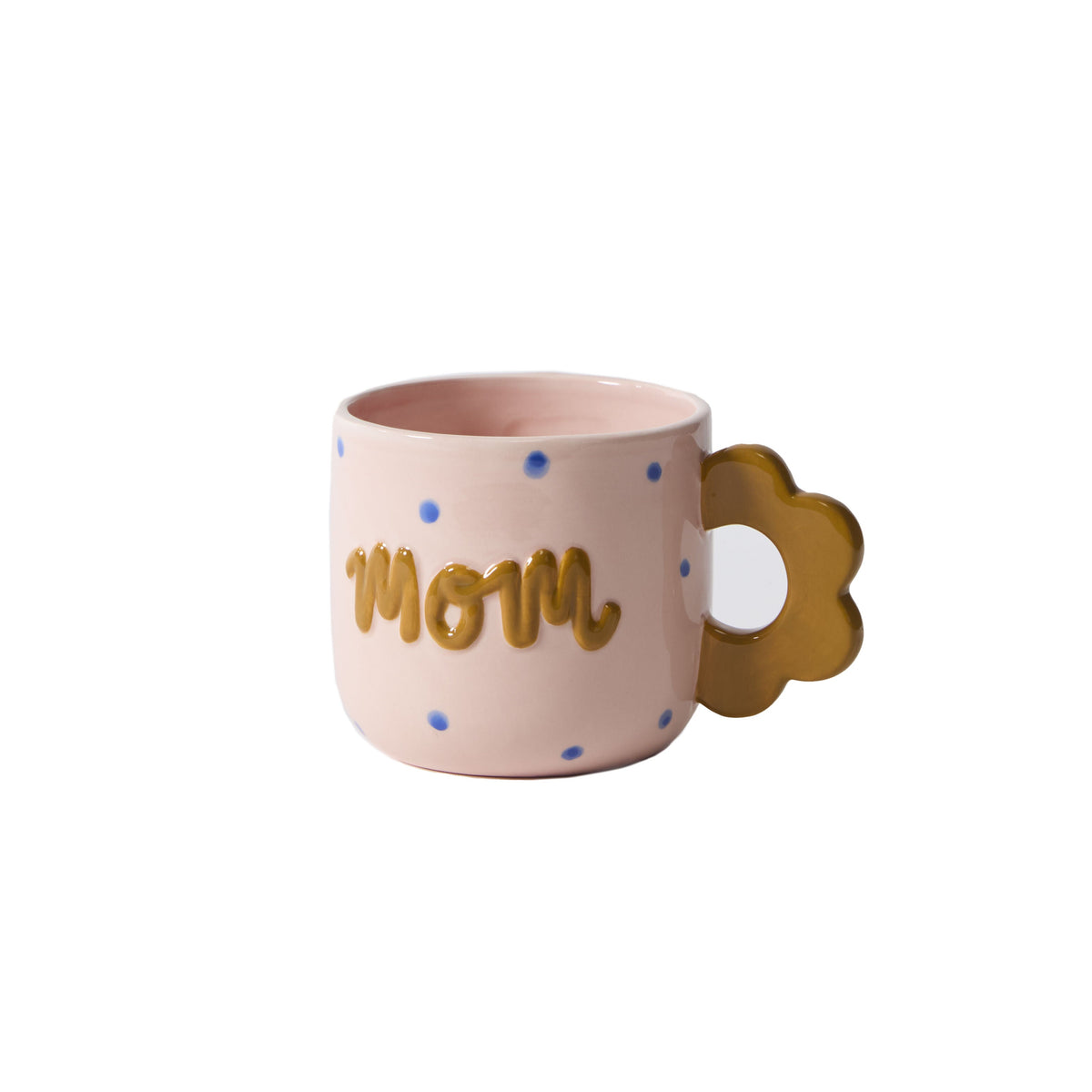 Pink mug with 'mom' text and floral handle on a white background