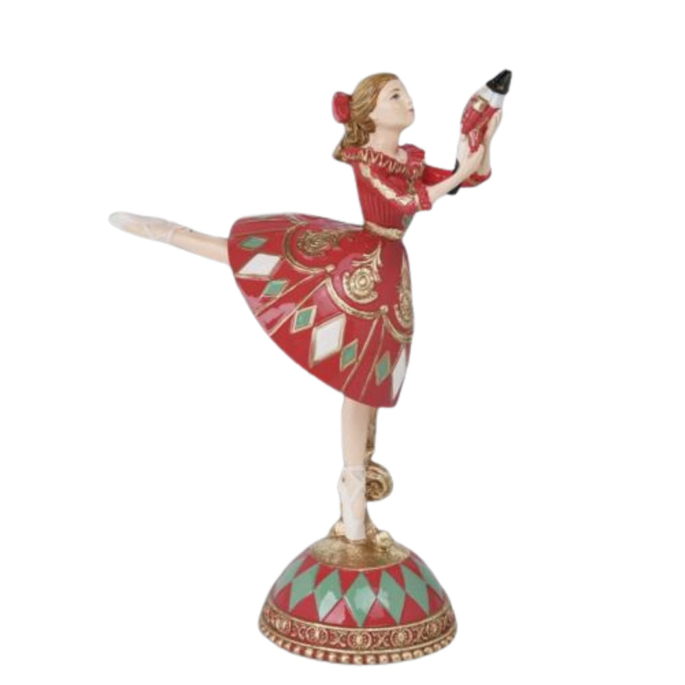 Decorative figurine of a Clara from the Nutcracker in a red dress on a white background