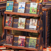 Wooden bookshelf with classical literature books on a patterned floor.