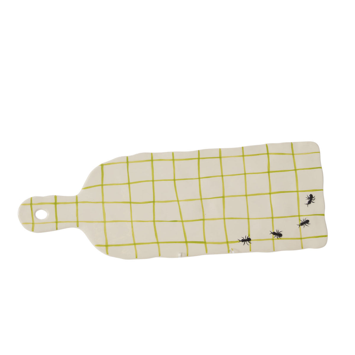 Rectangular cutting board with yellow picnic blanket pattern and black ant designs on a white background