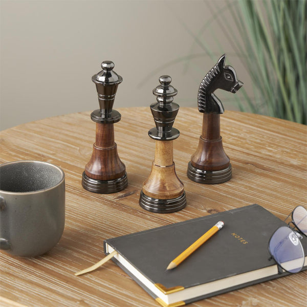 S/3 Aluminum & Mango Wood Decorative Chess Sculptures