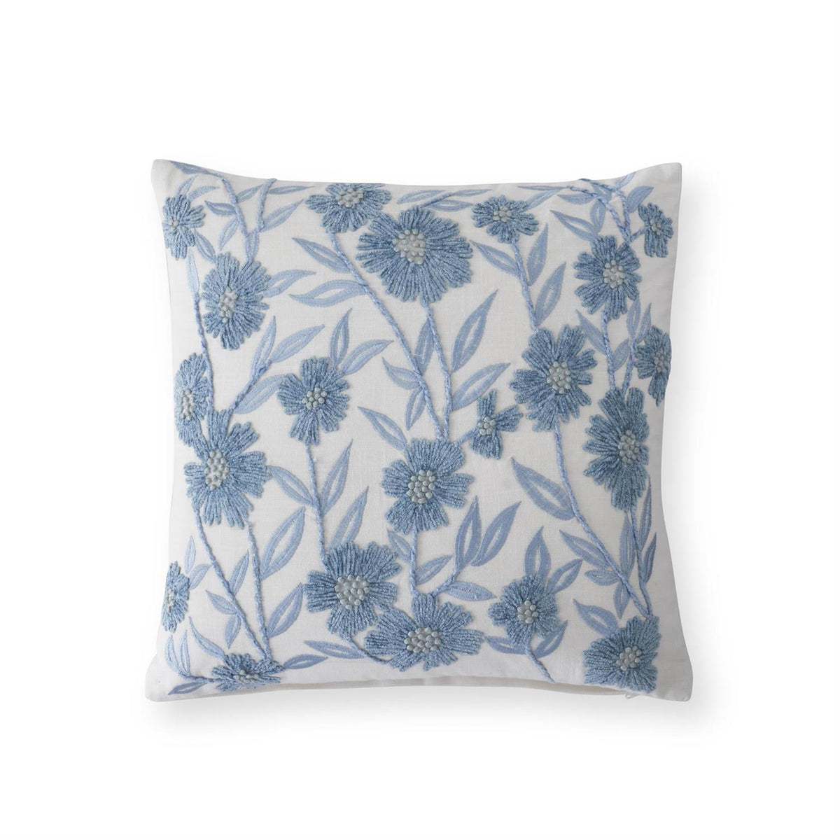 White Linen Pillow w/ Blue Embroidered Florals - 18"