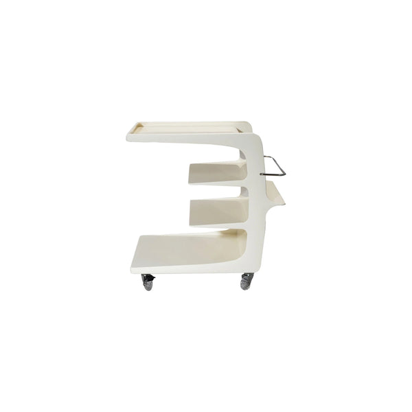 White rolling cart with shelves on a white background
