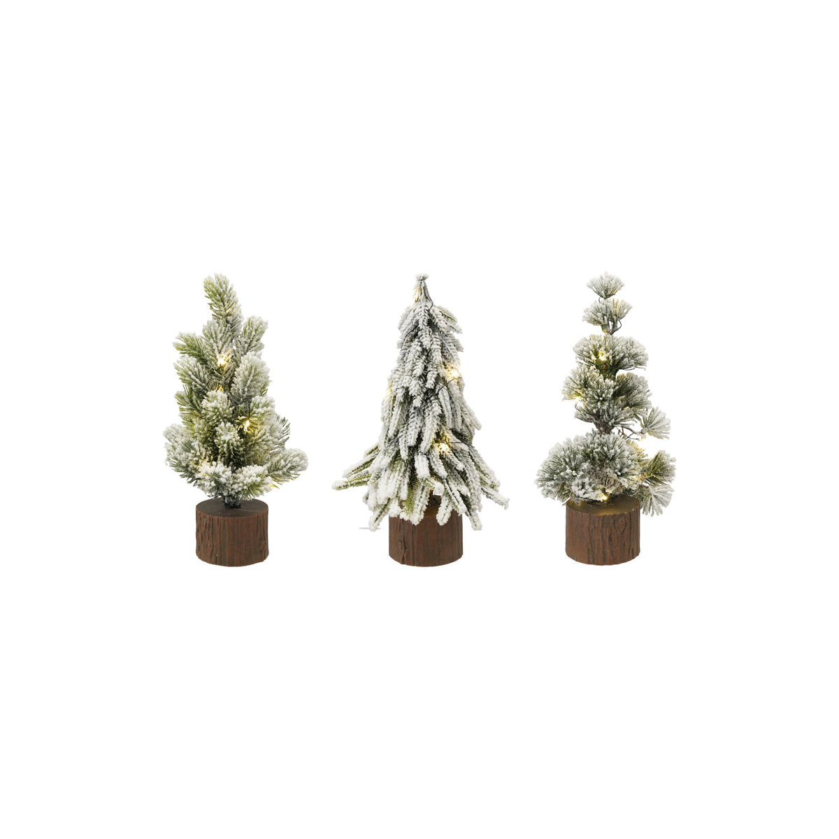 Three small pre-lit Christmas trees in brown pots on a white background