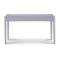 A gray rectangular desk with three drawers on a white background.