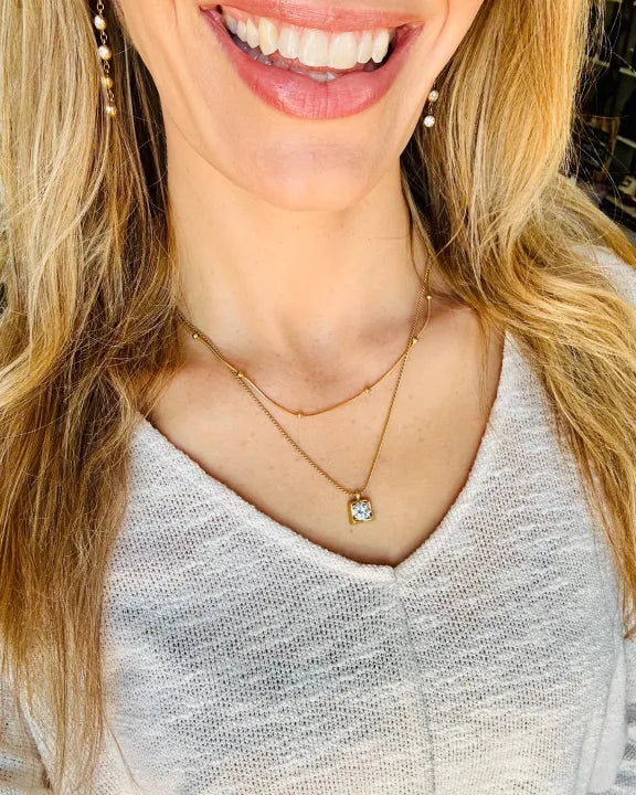 Double Strand CZ Square Pendant Necklace - DAPHNE
