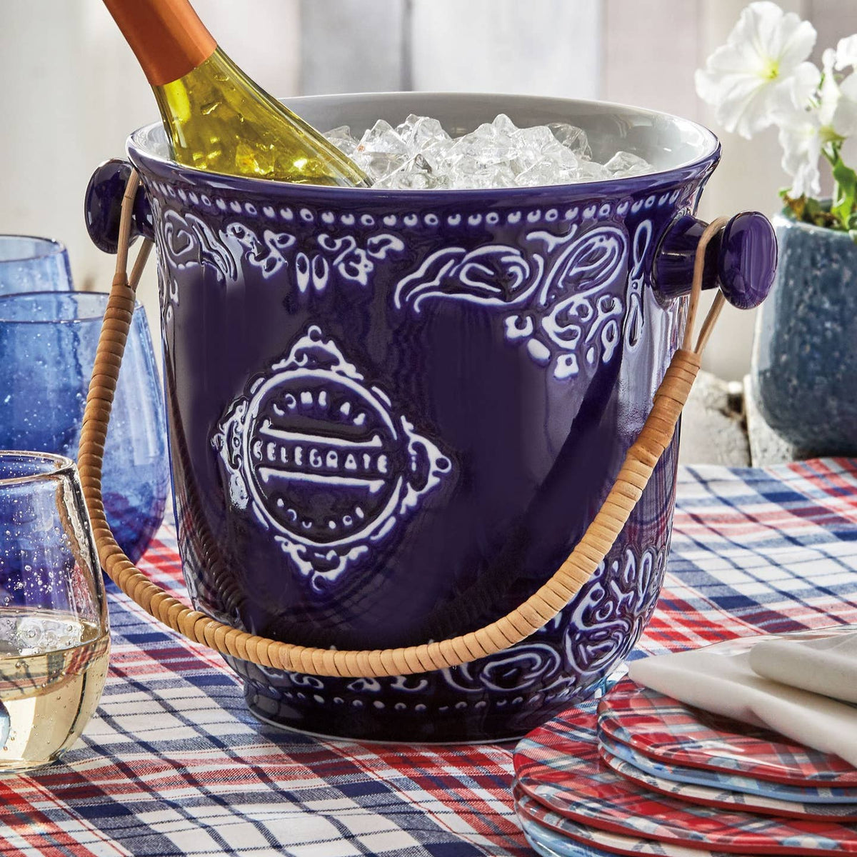Celebrate Wine Bucket Blue Porcelain Summer