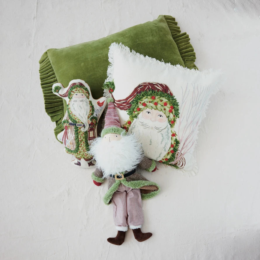 18" Square Cotton Slub Printed Pillow with Santa, Embroidery & Fringe