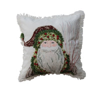 18" Square Cotton Slub Printed Pillow with Santa, Embroidery & Fringe