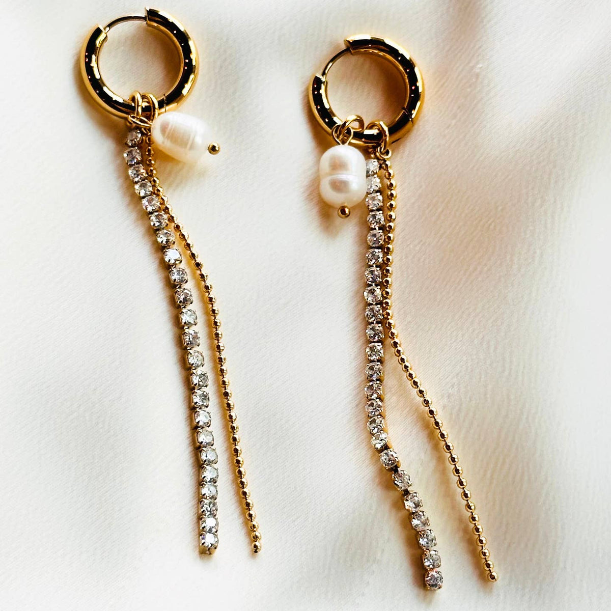 Pearl Cz Fringe Huggie Earrings - FLORENCE