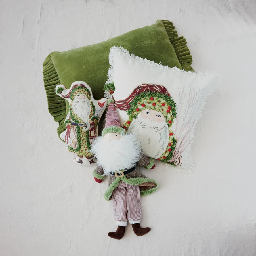 Cotton Printed Santa Shaped Pillow with Embroidery & Velvet Back