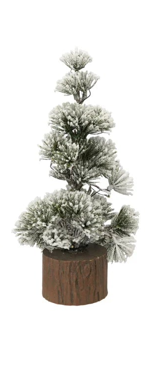 Plastic Tree with Faux Wood Slice Base & LED Light, Snow Finish, 3 Styles
