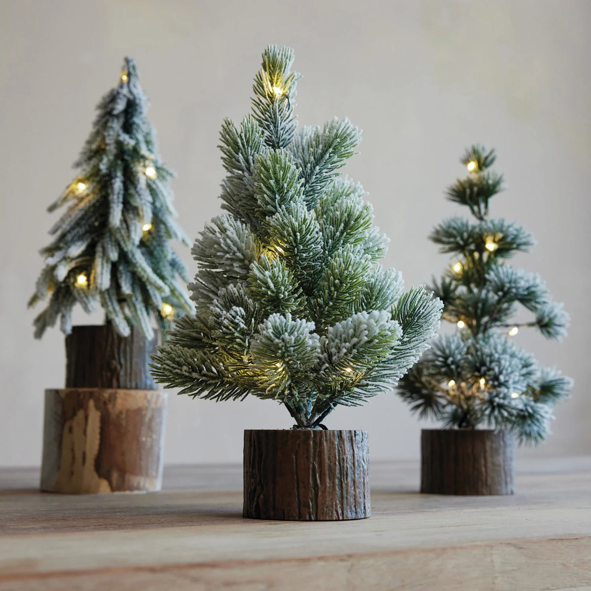 Plastic Tree with Faux Wood Slice Base & LED Light, Snow Finish, 3 Styles