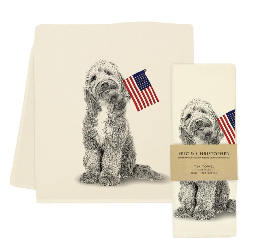 Labradoodle with Flag Tea Towel | Eric & Christopher