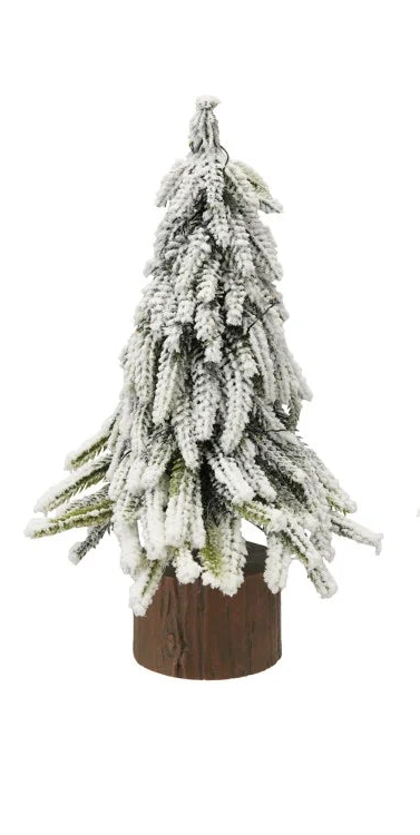 Plastic Tree with Faux Wood Slice Base & LED Light, Snow Finish, 3 Styles