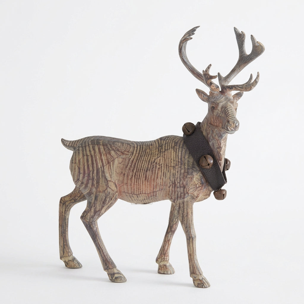 Carved Resin Standing Reindeer w/Bell, 11.5"