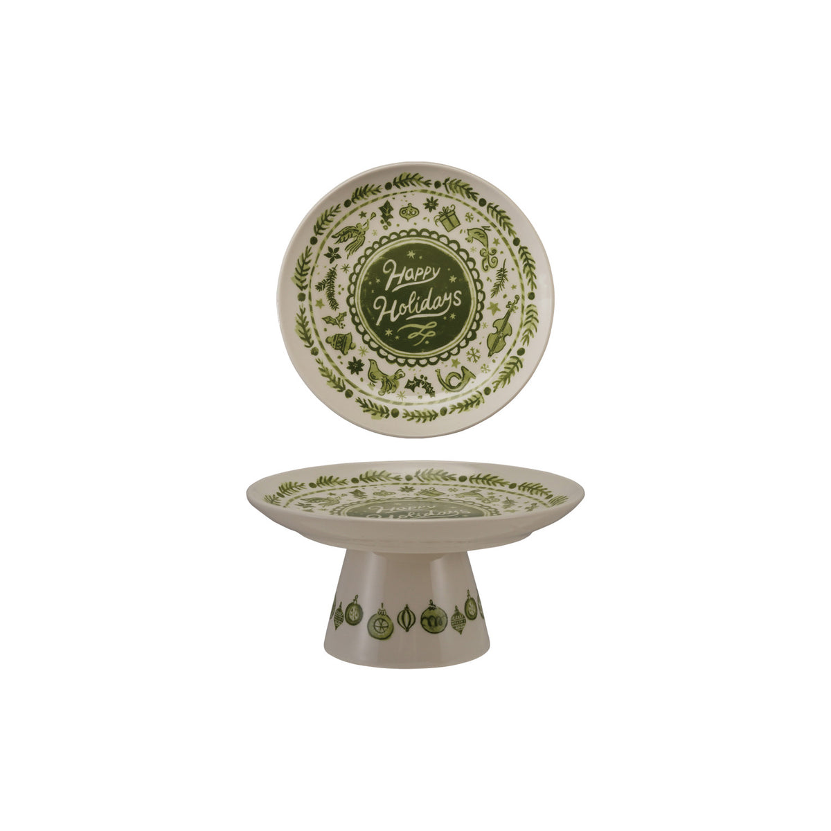 Stoneware Pedestal with Holiday Design "Happy Holidays"
