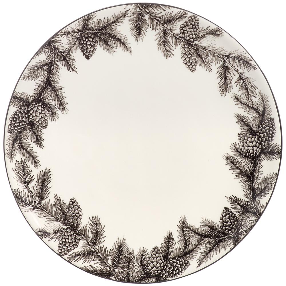 10" Pine Cone/Pine Ceramic Plate White Black