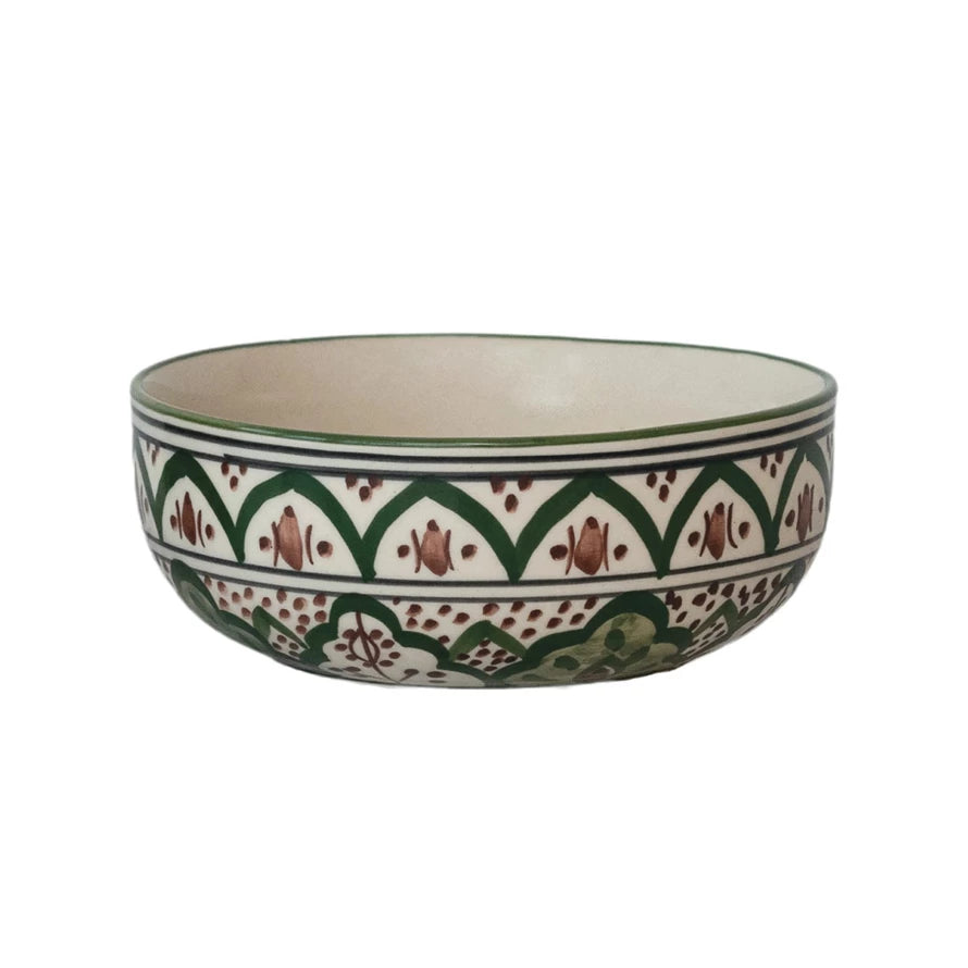 Hand-Painted Stoneware Bowl w/ Design, Cream Color, Brown & Green