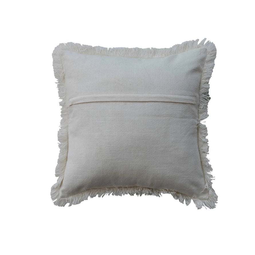 18" Square Cotton Slub Printed Pillow with Santa, Embroidery & Fringe