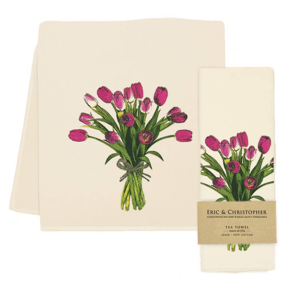 Tea towel with pink tulip design and 'Eric & Christopher' branding on a white background