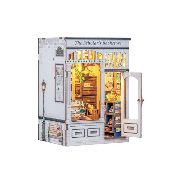 Model of 'The Scholar's Bookstore' with open door on a white background