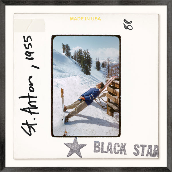 Framed photo of a skier in St. Anton, 1955, with 'Black Star' text.