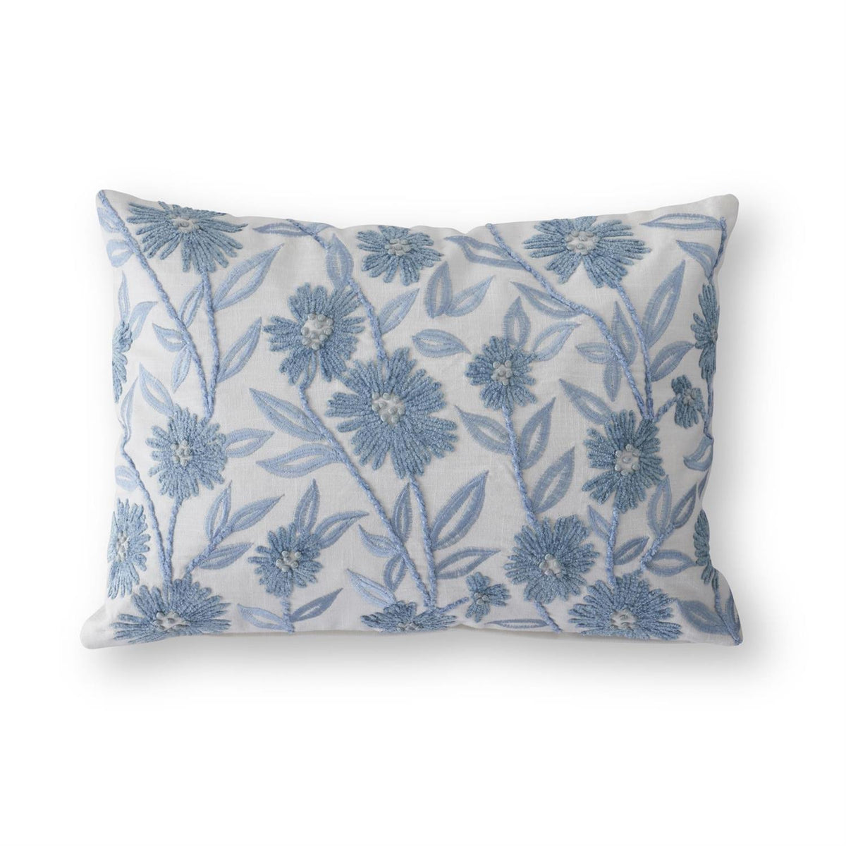 White Linen Lumbar Pillow w/ Blue Embroidered Flowers & Leaves