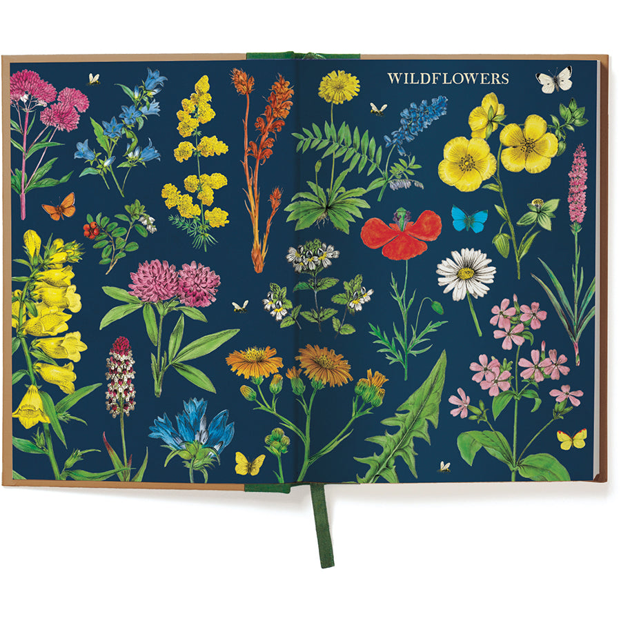 Notebook cover with colorful wildflower illustration on a dark blue background