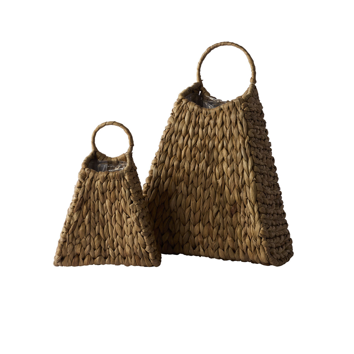 Two woven bags with handles on a white background
