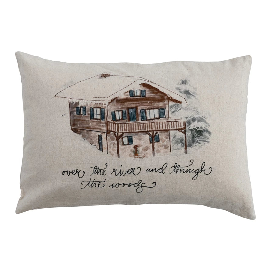 "Over the River" Lumbar Pillow with Winter Cabin