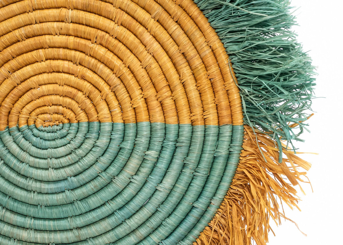 Handwoven Ugandan Orange and Teal Fringed Charger or Wall Hanging