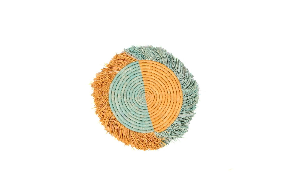 Handwoven Ugandan Orange and Teal Fringed Charger or Wall Hanging