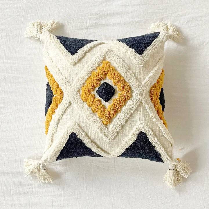 Diamond Tufted Pillow Cover- Navy/Yellow/Cream