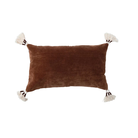 Cotton Velvet Brown Lumbar Pillow With Tassels